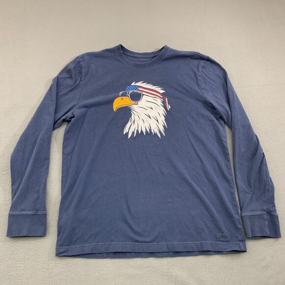 Life Is Good Mens Crusher T-Shirt Large Blue Patriotic Bald Eagle Long Sleeve - Picture 1 of 12